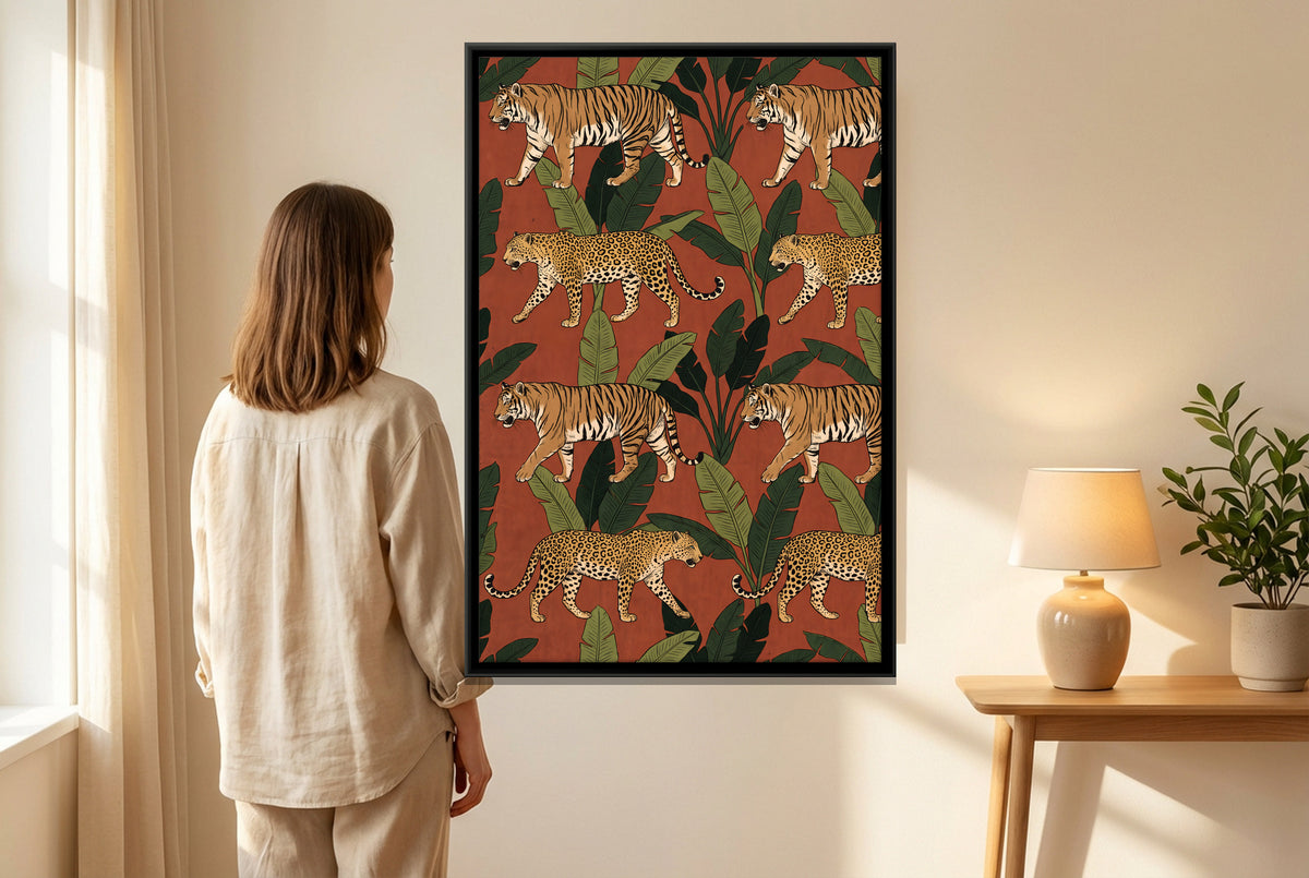 Tigers and Leopards Among Banana Leaves - canvas art shown in a styled room