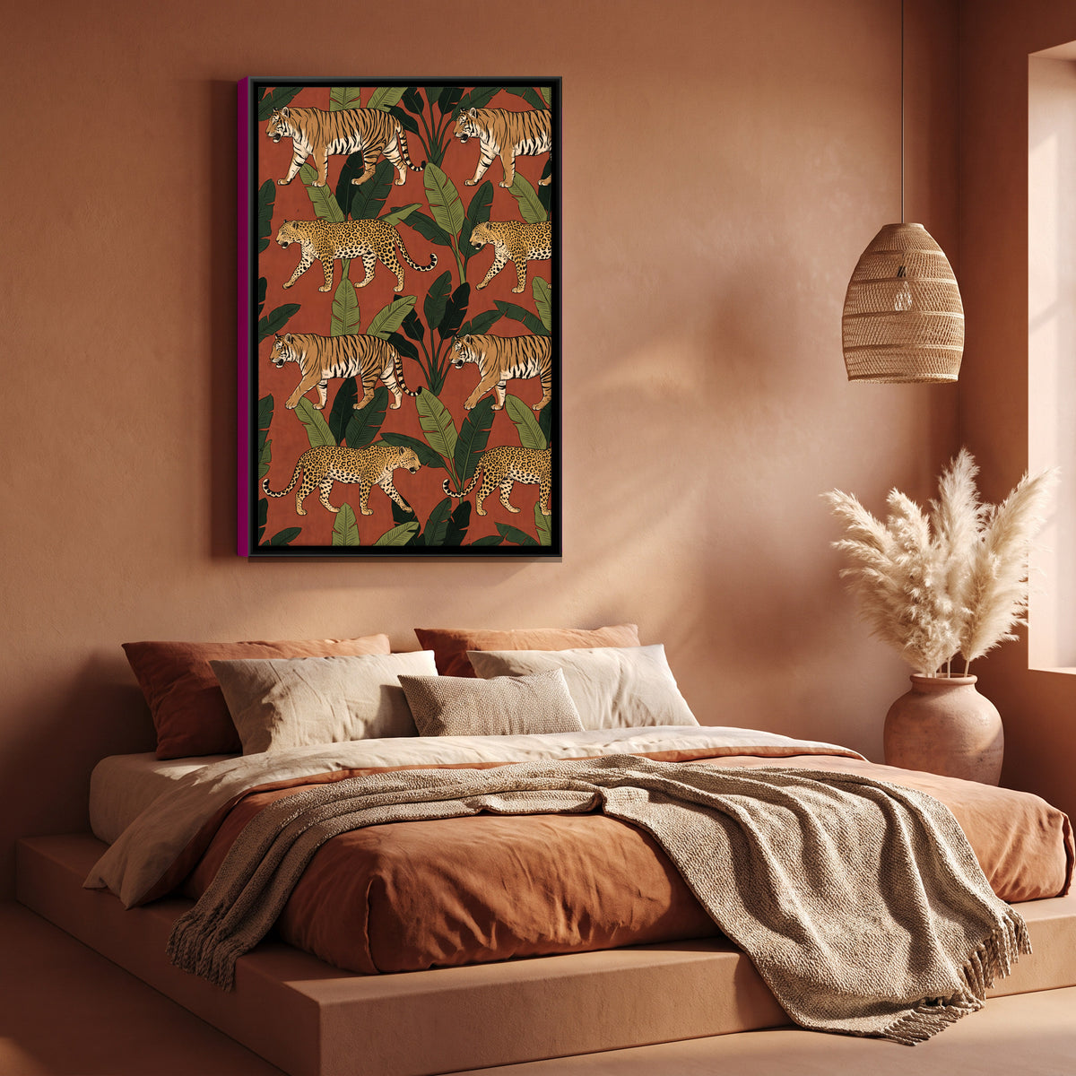 Tigers and Leopards Among Banana Leaves - canvas art shown in a second room setting