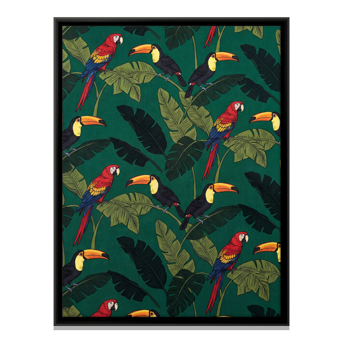 Macaws and Toucans Among Banana Leaves - framed canvas print, front view