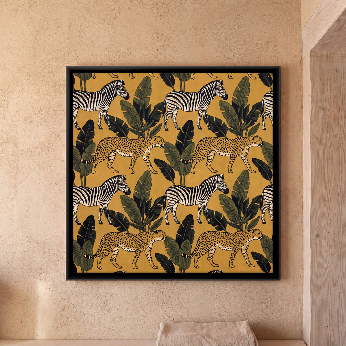 Zebras and Cheetahs Among Banana Leaves - framed canvas art hung on a wall