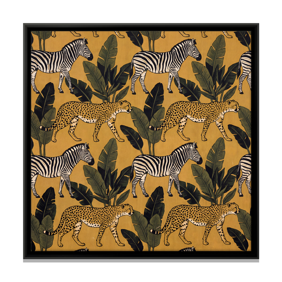 Zebras and Cheetahs Among Banana Leaves - framed canvas print, front view