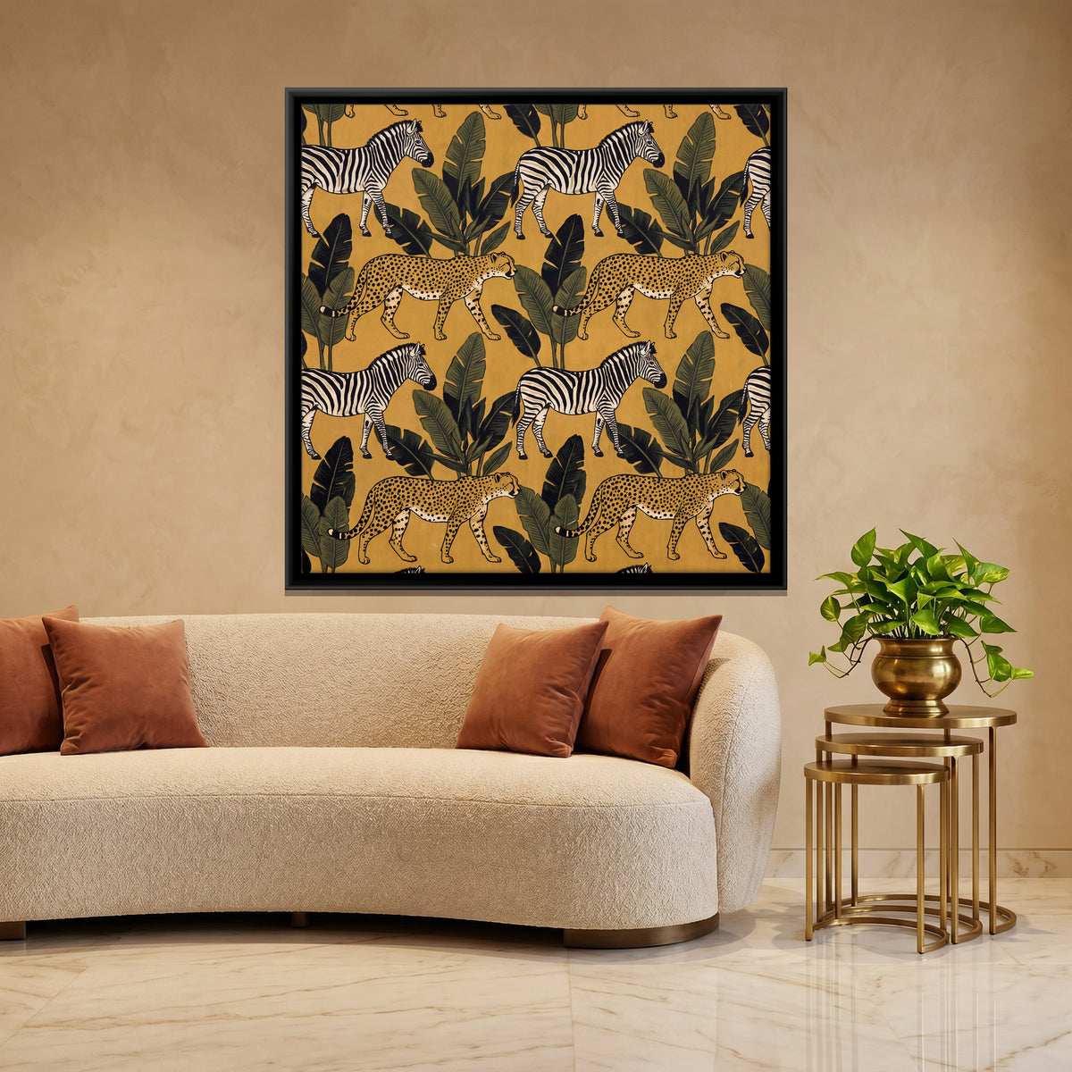 Zebras and Cheetahs Among Banana Leaves - canvas art shown in a styled room