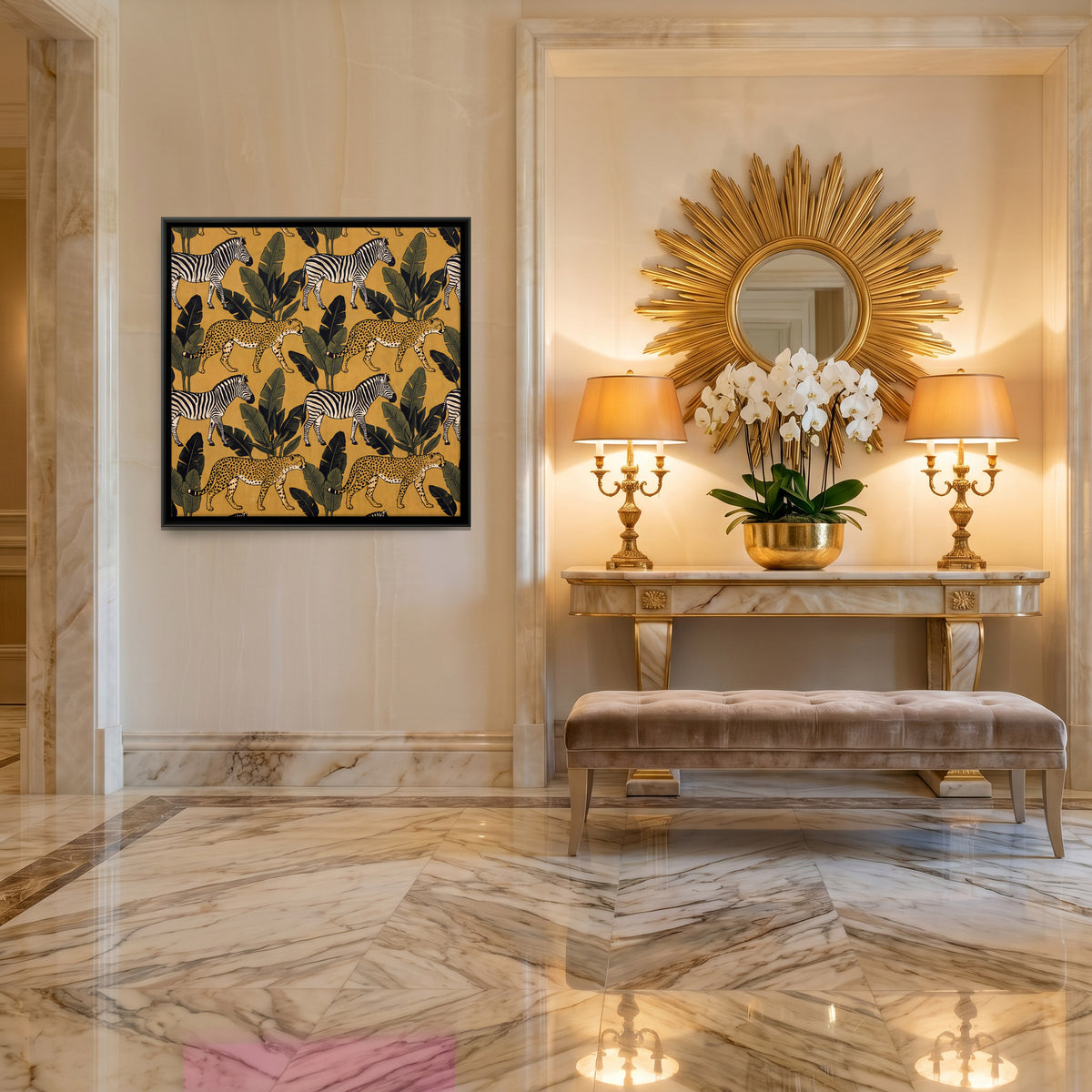 Zebras and Cheetahs Among Banana Leaves - canvas art shown in a second room setting