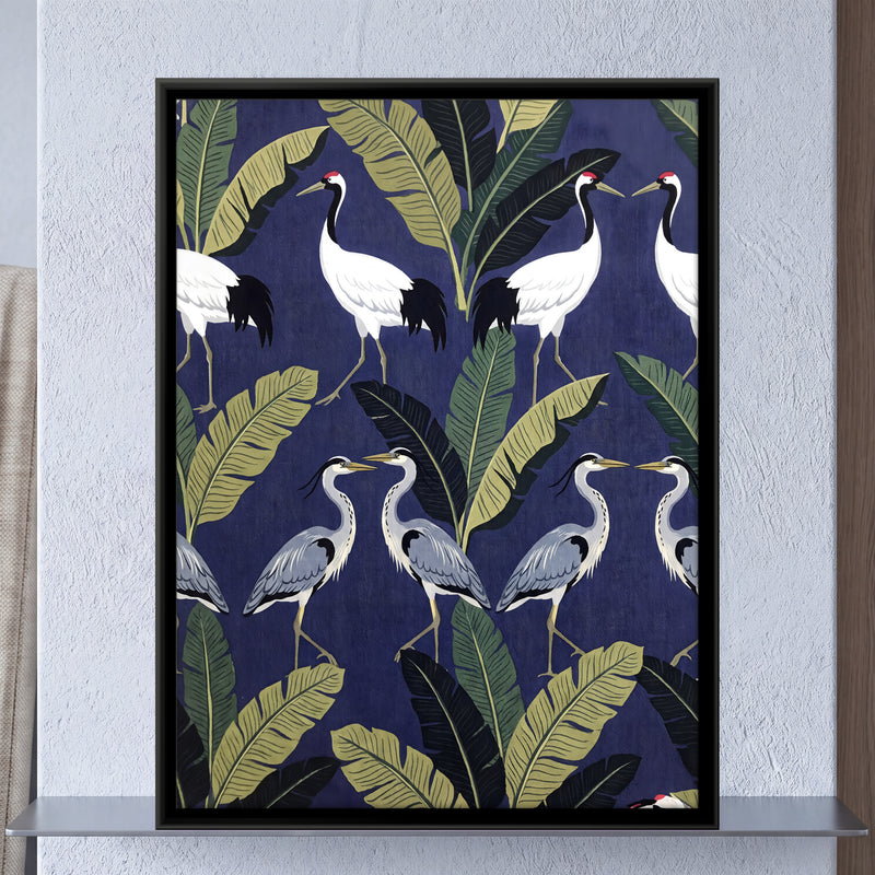 Cranes and Herons Among Banana Leaves - framed canvas art hung on a wall