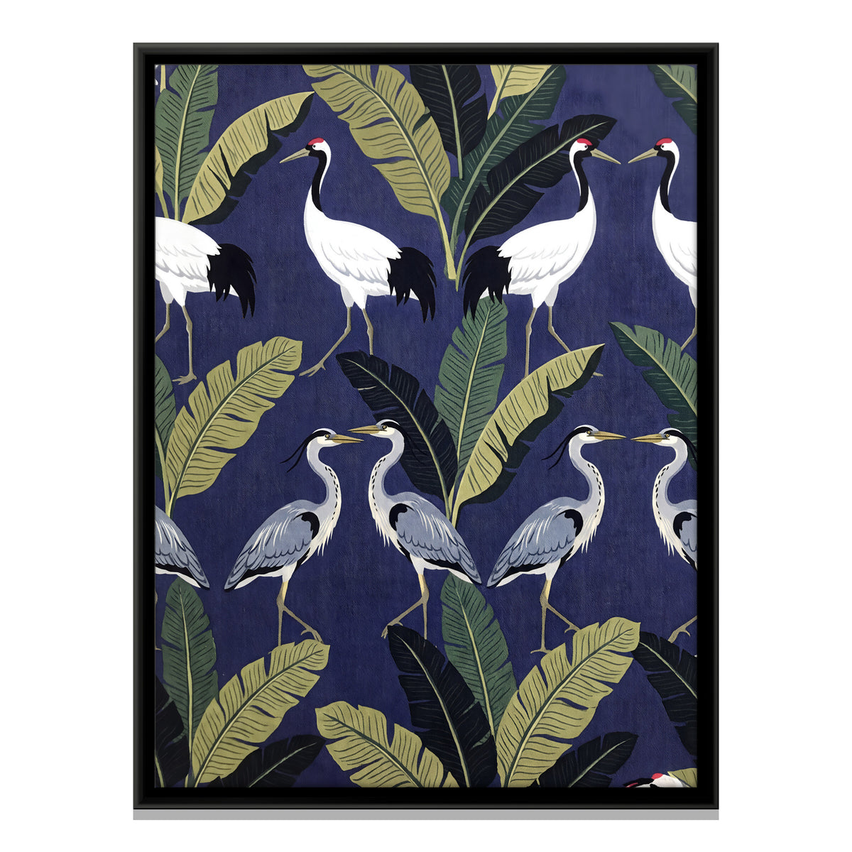 Cranes and Herons Among Banana Leaves - framed canvas print, front view
