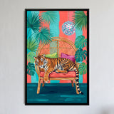 Tiger Resting on a Rattan Chair with Disco Ball