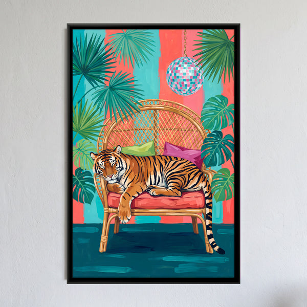 Tiger Resting on a Rattan Chair with Disco Ball
