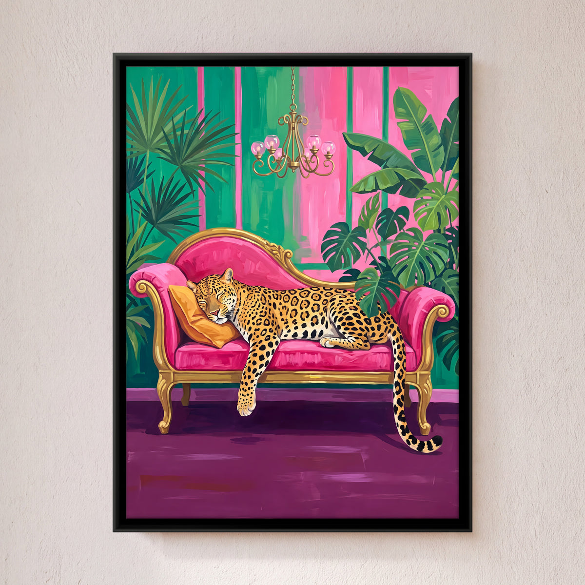 Leopard Asleep on a Pink Sofa - framed canvas art hung on a wall