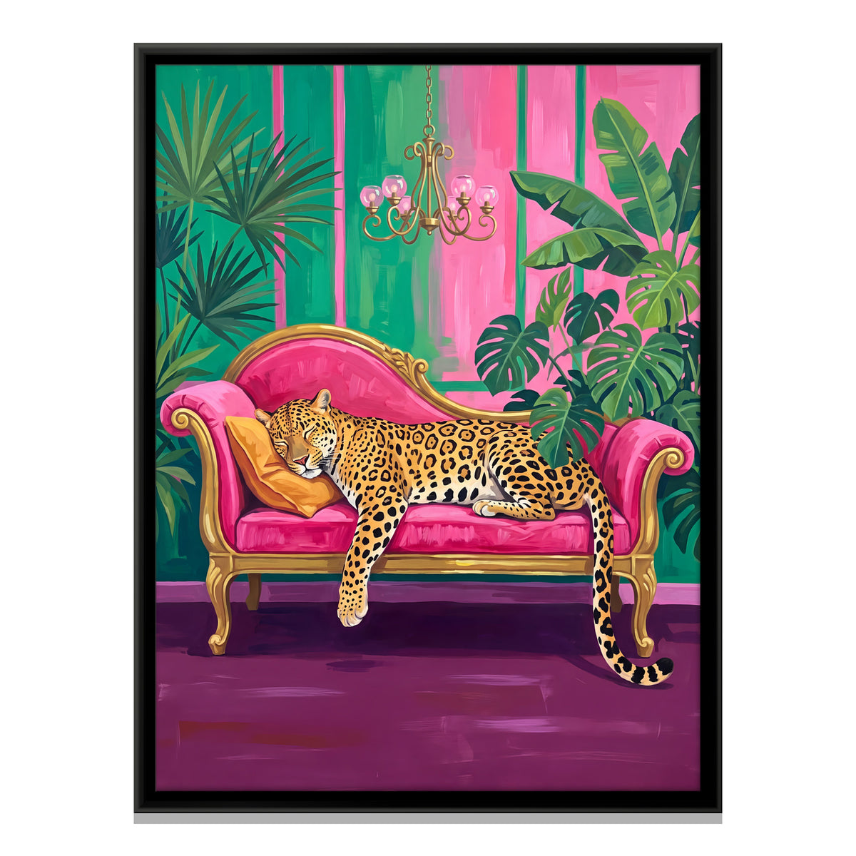 Leopard Asleep on a Pink Sofa - framed canvas print, front view