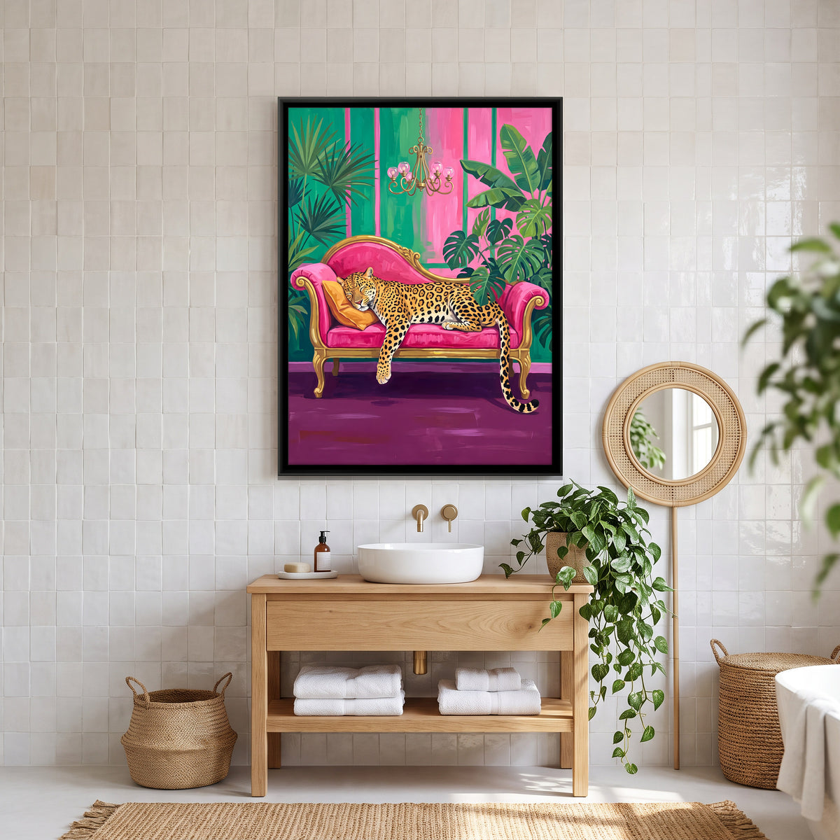 Leopard Asleep on a Pink Sofa - canvas art shown in a styled room