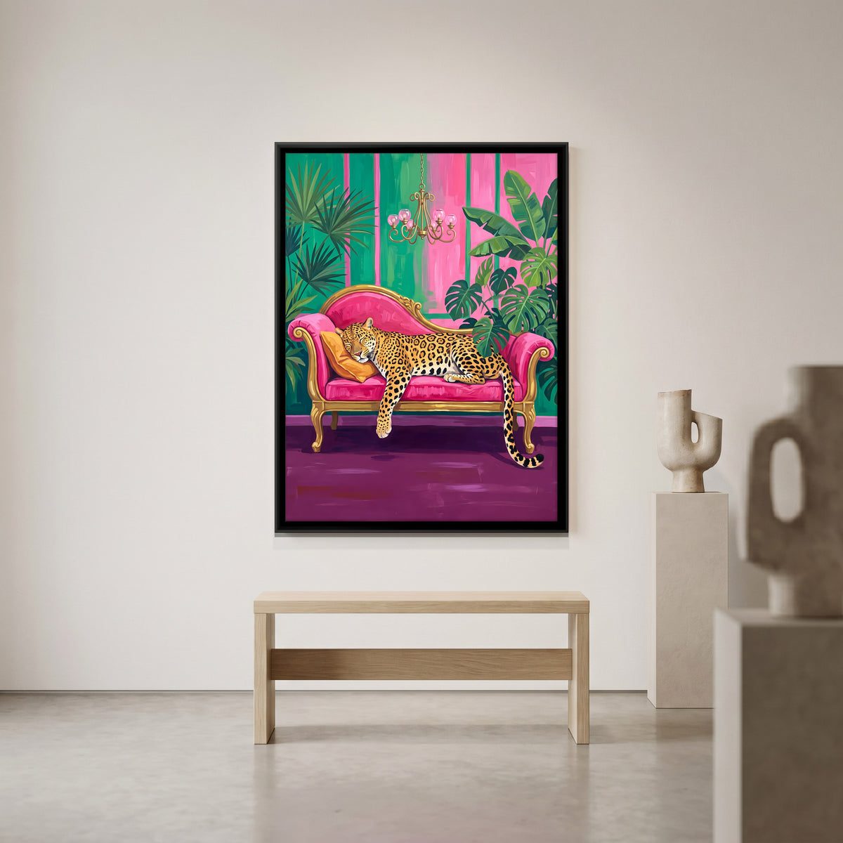 Leopard Asleep on a Pink Sofa - canvas art shown in a second room setting