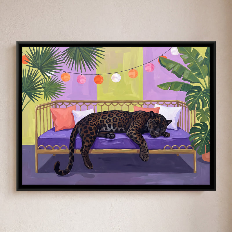 Black Panther Asleep on a Daybed - framed canvas art hung on a wall