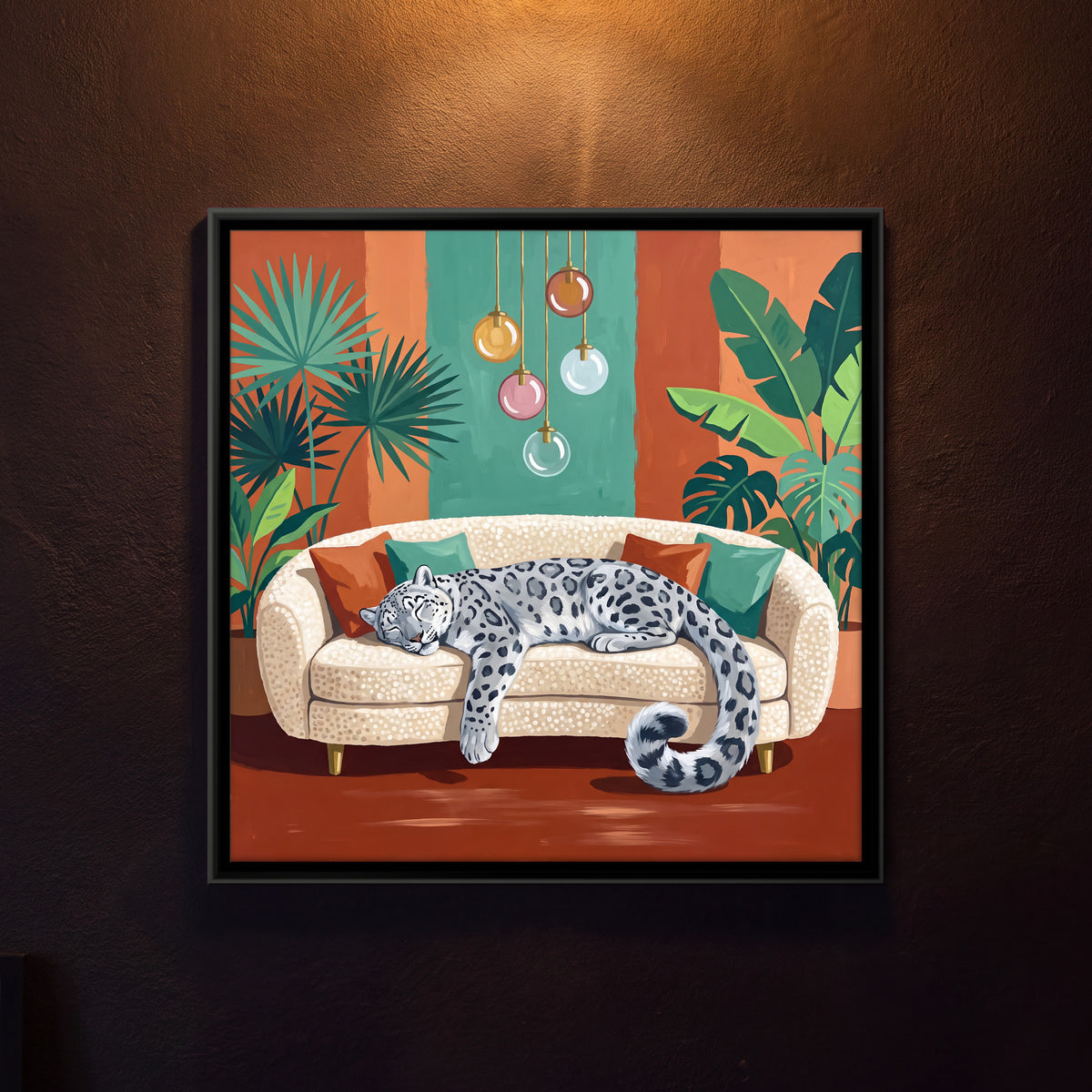 Snow Leopard Asleep on a Sofa - framed canvas art hung on a wall