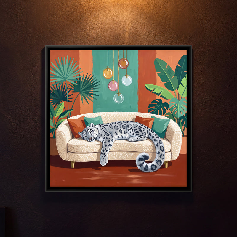 Snow Leopard Asleep on a Sofa - framed canvas art hung on a wall