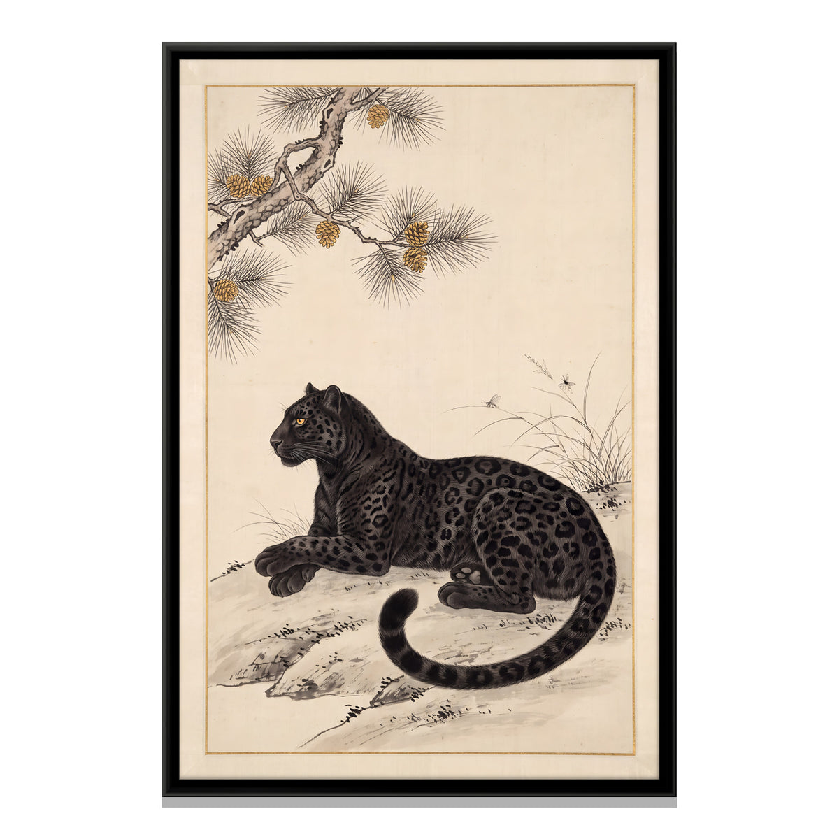 Black Panther Beneath a Pine Branch - framed canvas print, front view