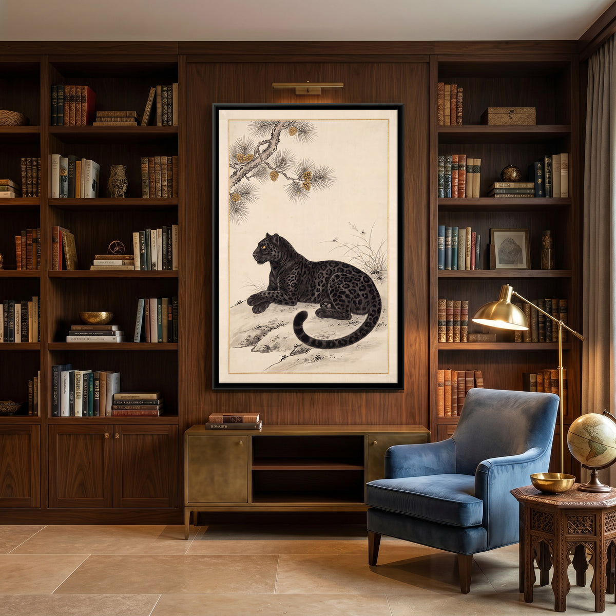 Black Panther Beneath a Pine Branch - canvas art shown in a styled room