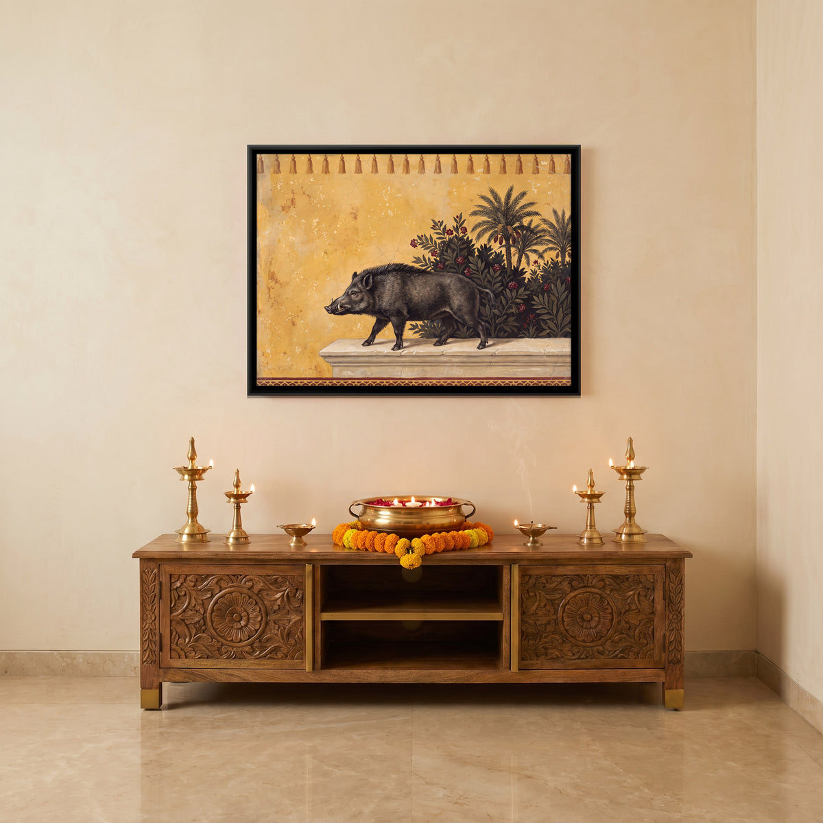 Wild Boar on a Garden Terrace - canvas art shown in a second room setting