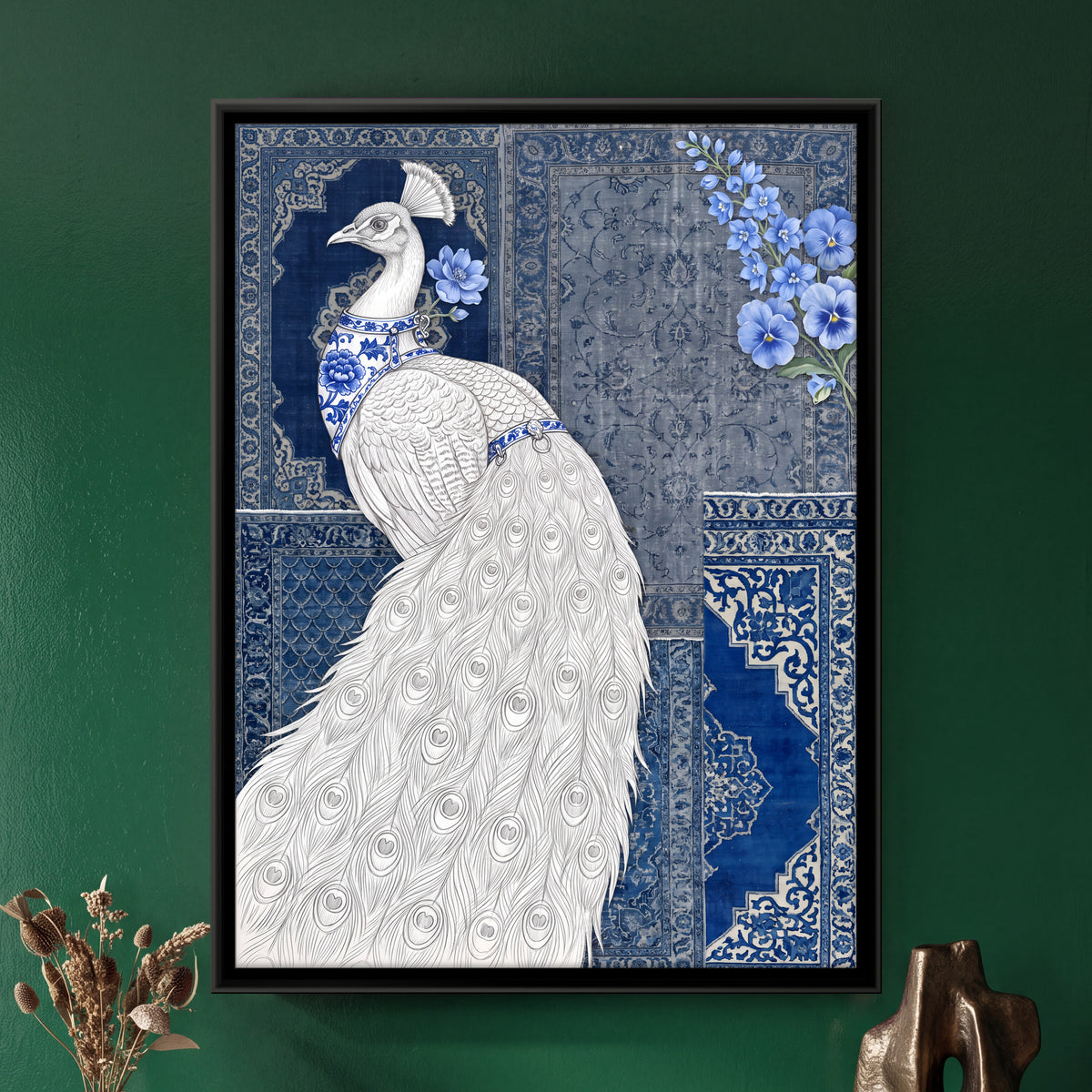 White Peacock with Trailing Train - framed canvas art hung on a wall