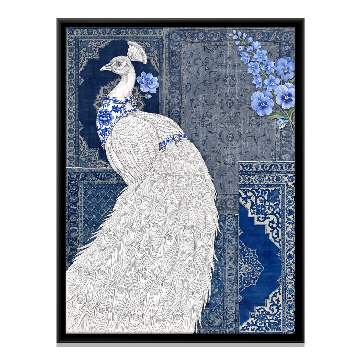 White Peacock with Trailing Train - framed canvas print, front view