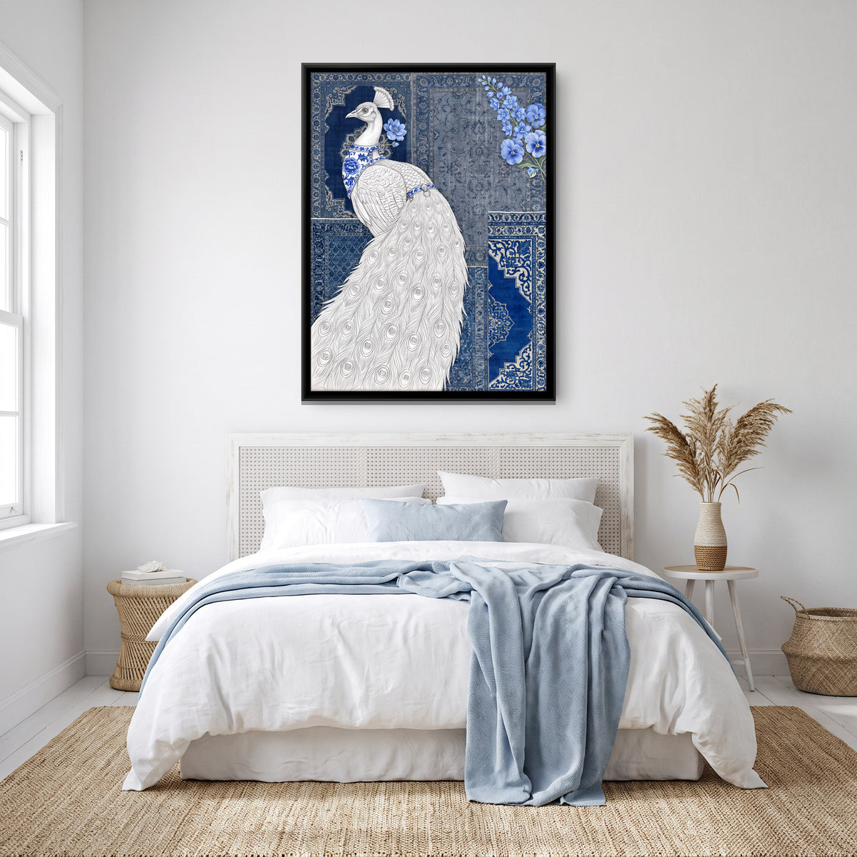 White Peacock with Trailing Train - canvas art shown in a second room setting