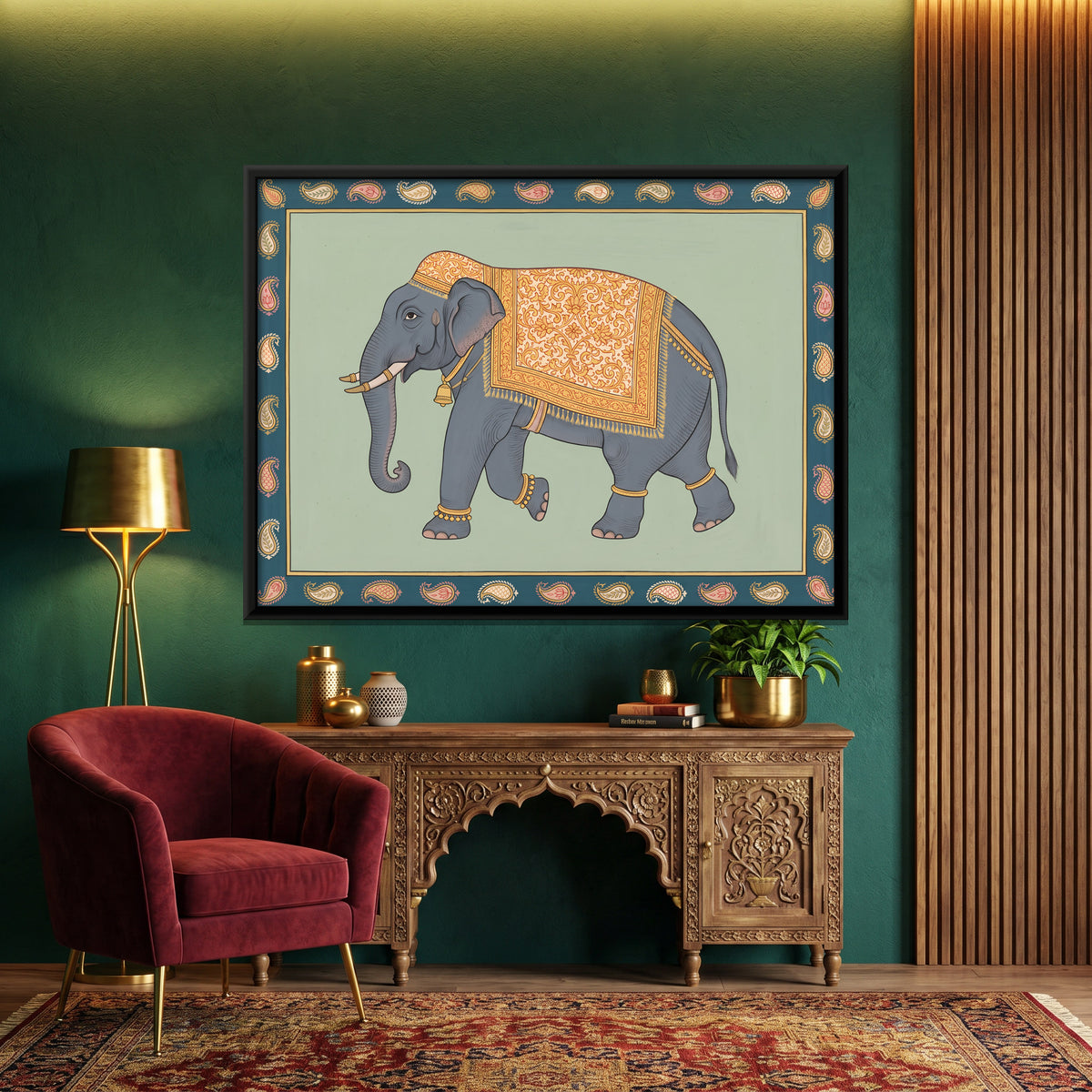Ceremonial Elephant - canvas art shown in a styled room