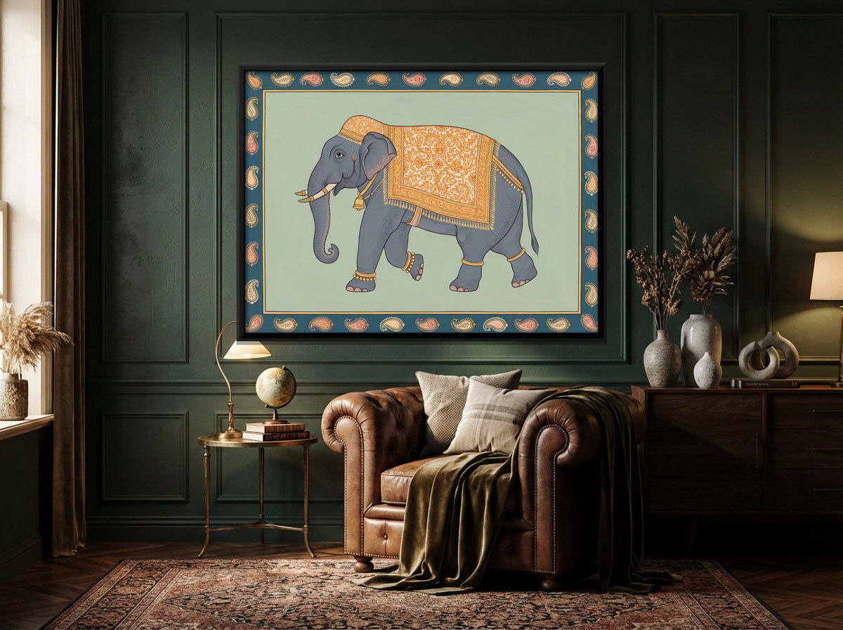 Ceremonial Elephant - canvas art shown in a second room setting