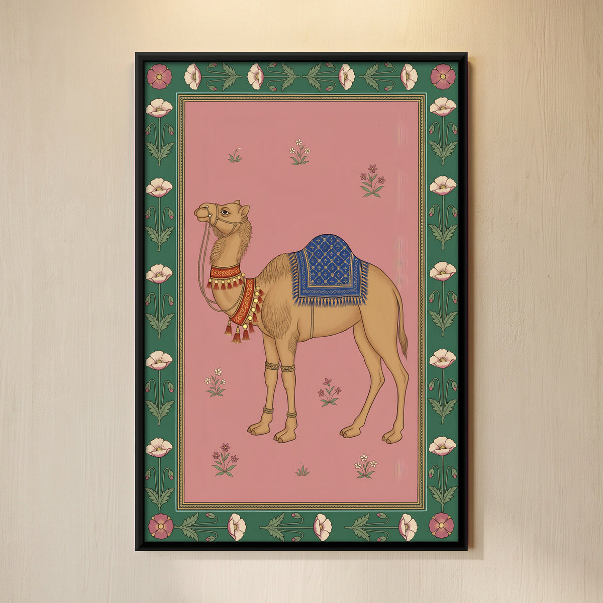 Saddled Camel - framed canvas art hung on a wall