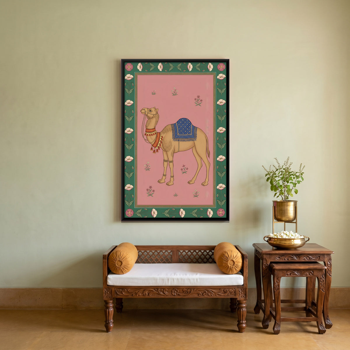 Saddled Camel - canvas art shown in a styled room