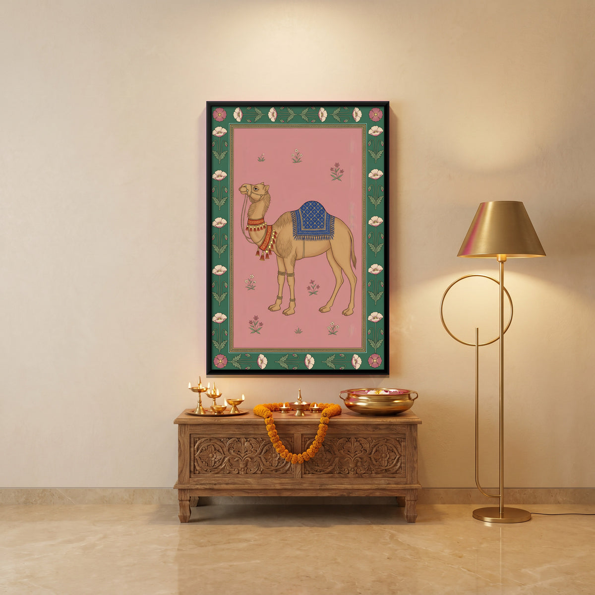 Saddled Camel - canvas art shown in a second room setting