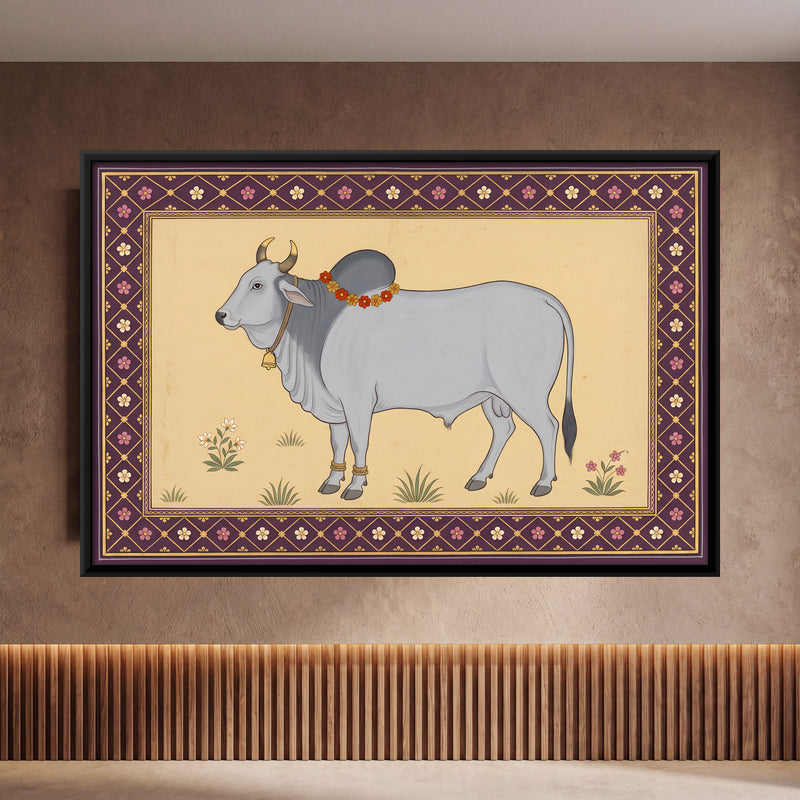 Garlanded Zebu Bull - framed canvas art hung on a wall