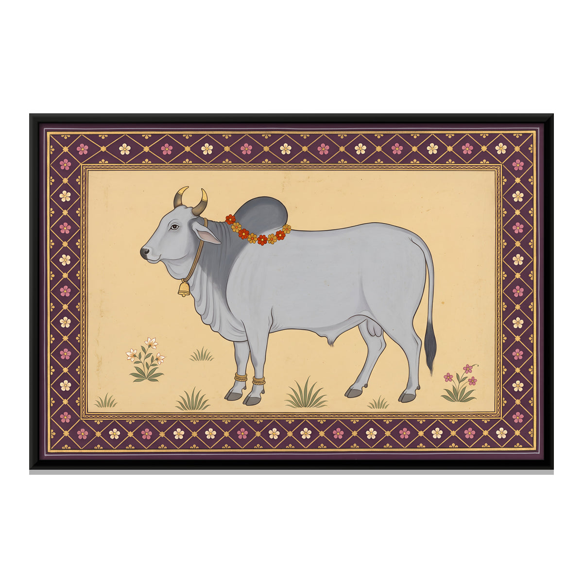 Garlanded Zebu Bull - framed canvas print, front view
