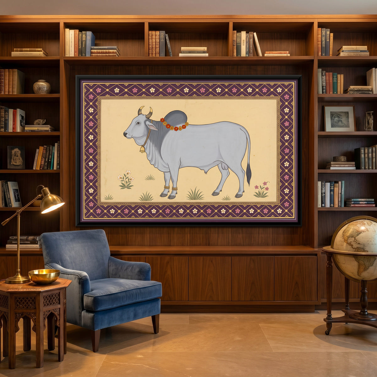 Garlanded Zebu Bull - canvas art shown in a second room setting