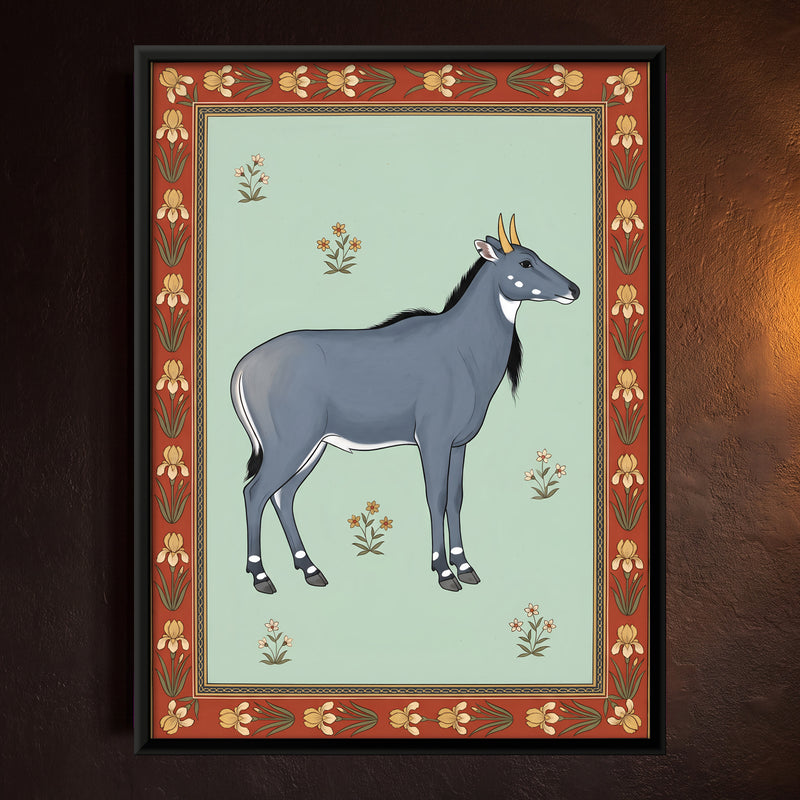 Nilgai Antelope in a Flowering Meadow - framed canvas art hung on a wall