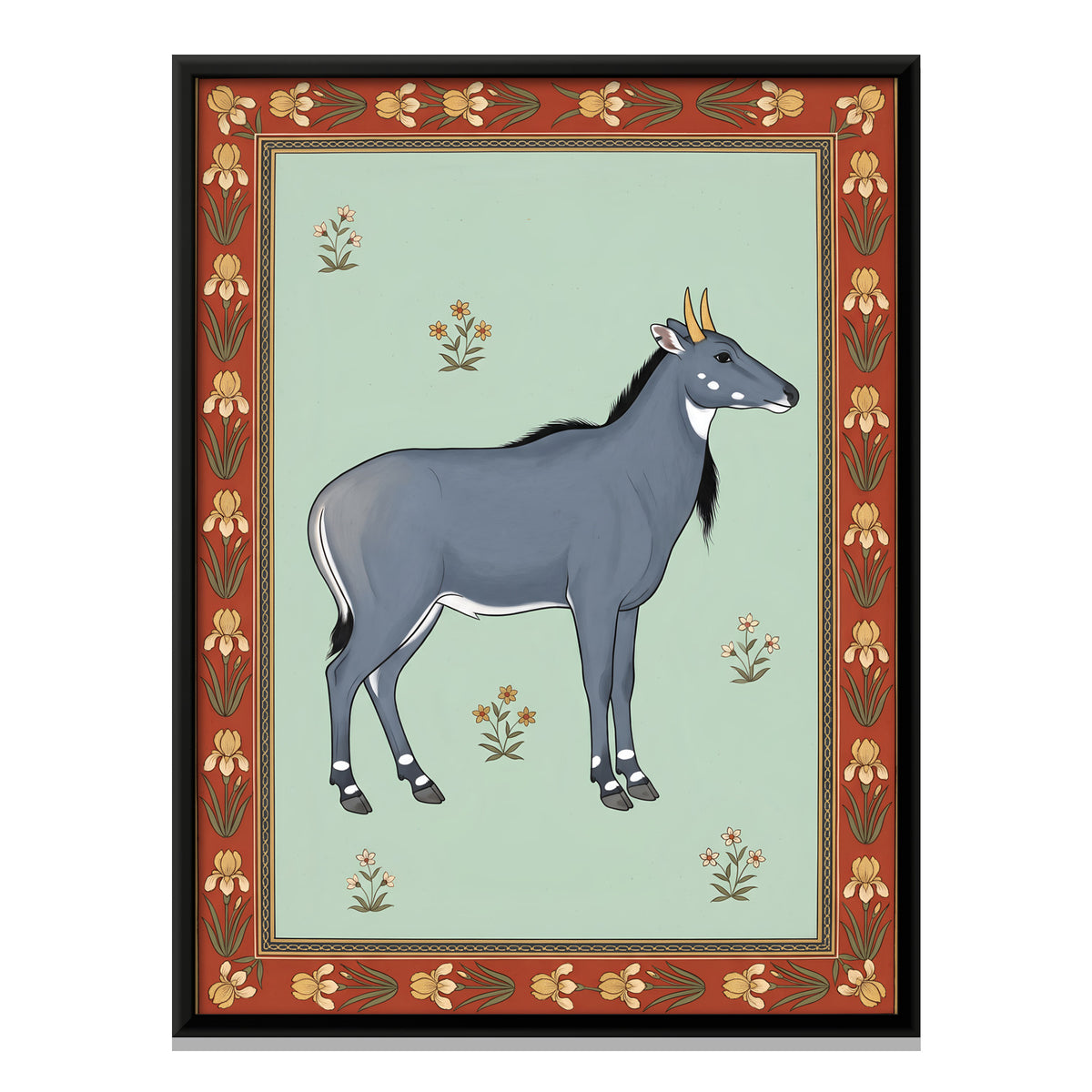 Nilgai Antelope in a Flowering Meadow - framed canvas print, front view