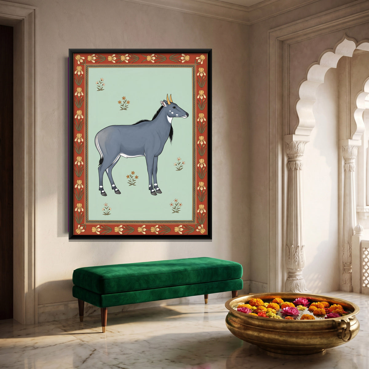 Nilgai Antelope in a Flowering Meadow - canvas art shown in a styled room