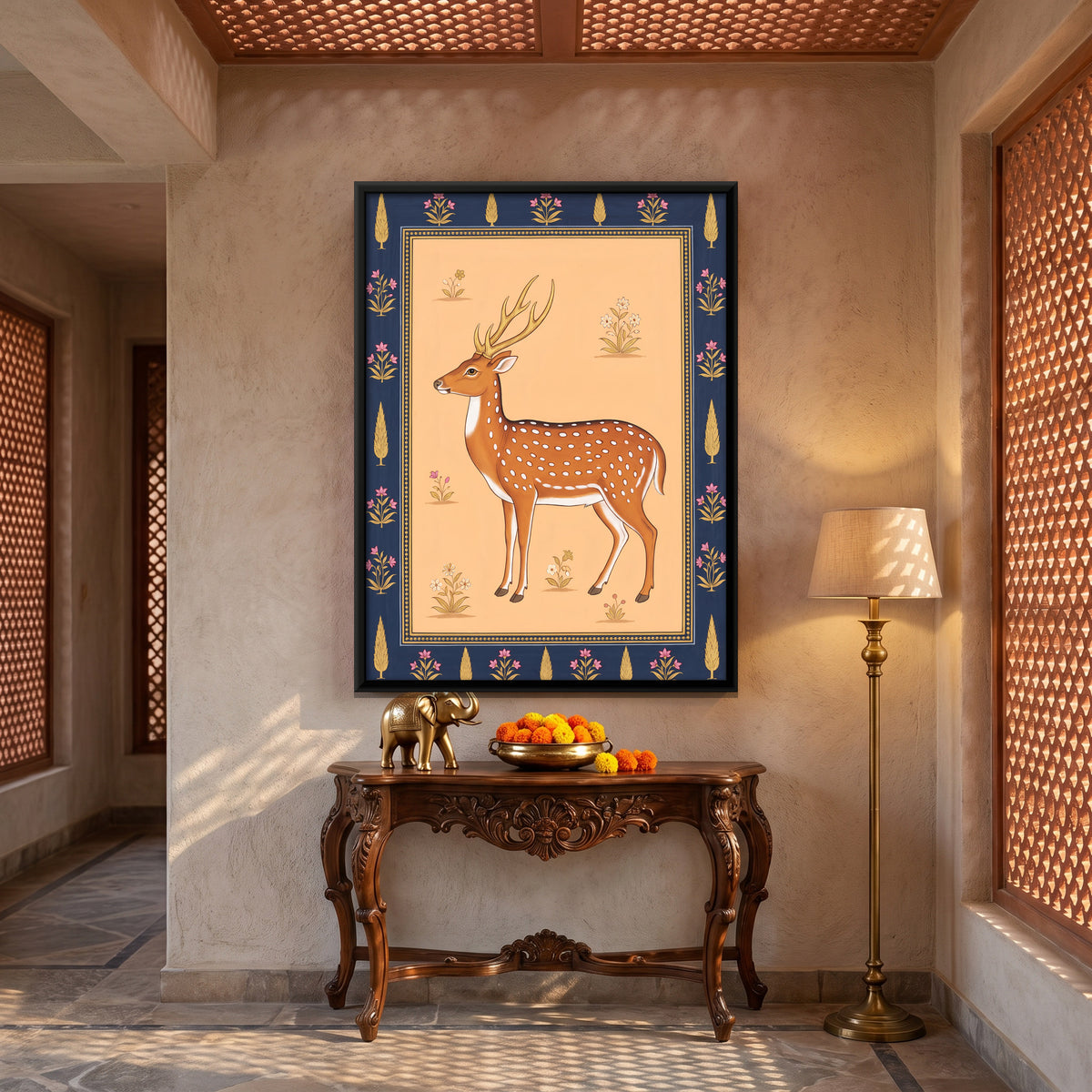 Spotted Deer Stag - canvas art shown in a styled room