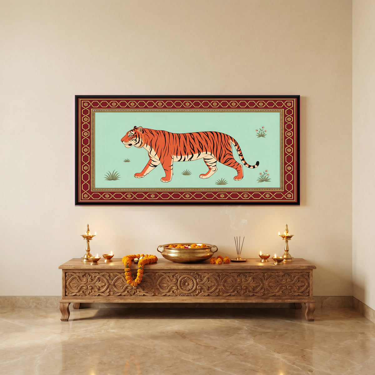 Striding Tiger - canvas art shown in a styled room