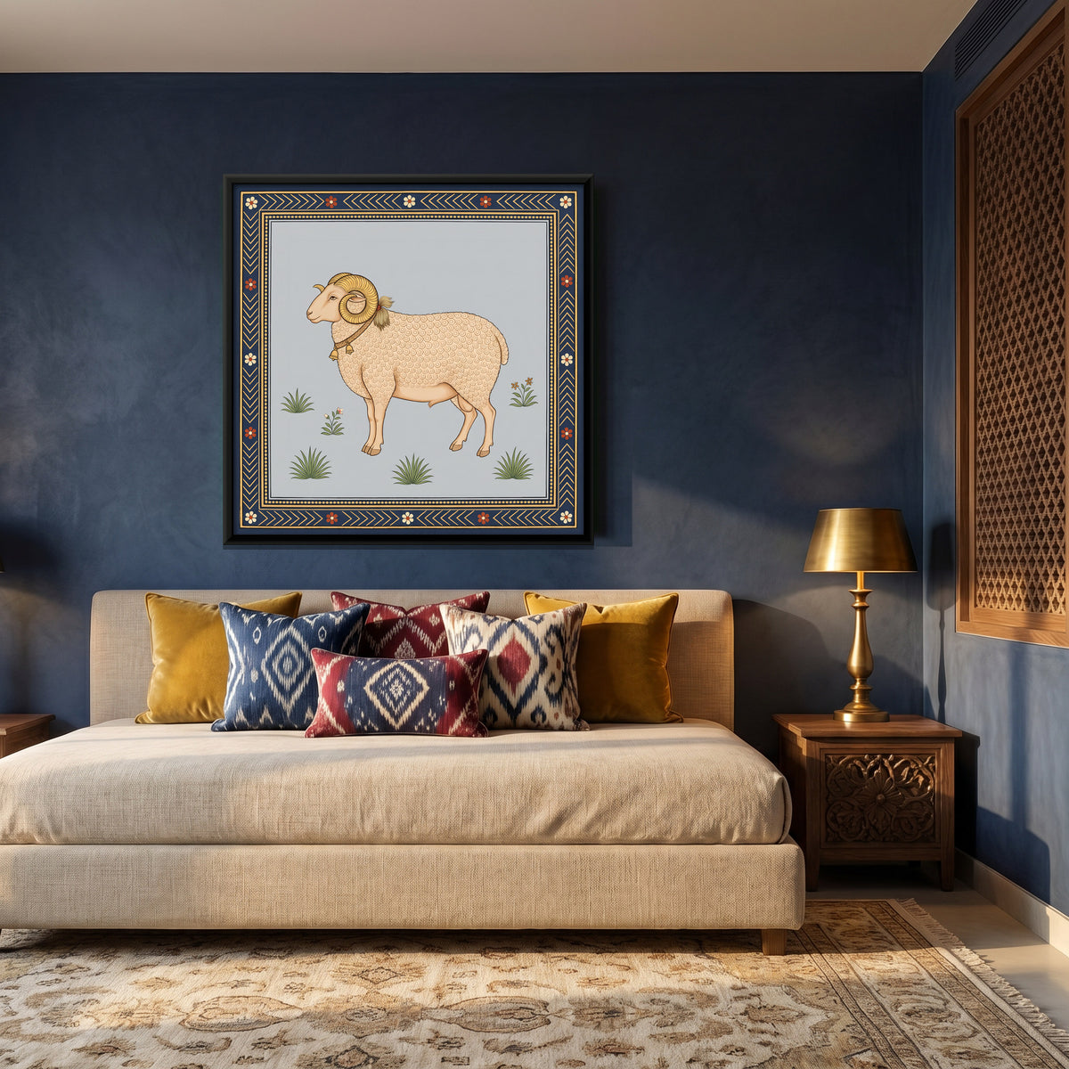 Ram with Curled Horns - canvas art shown in a styled room