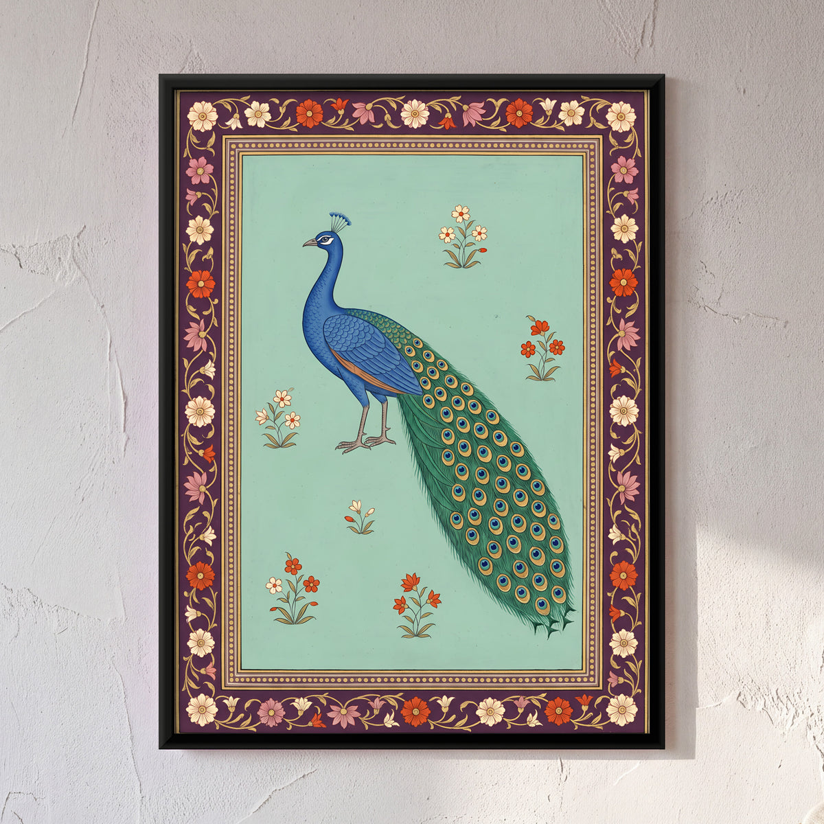Peacock - framed canvas art hung on a wall