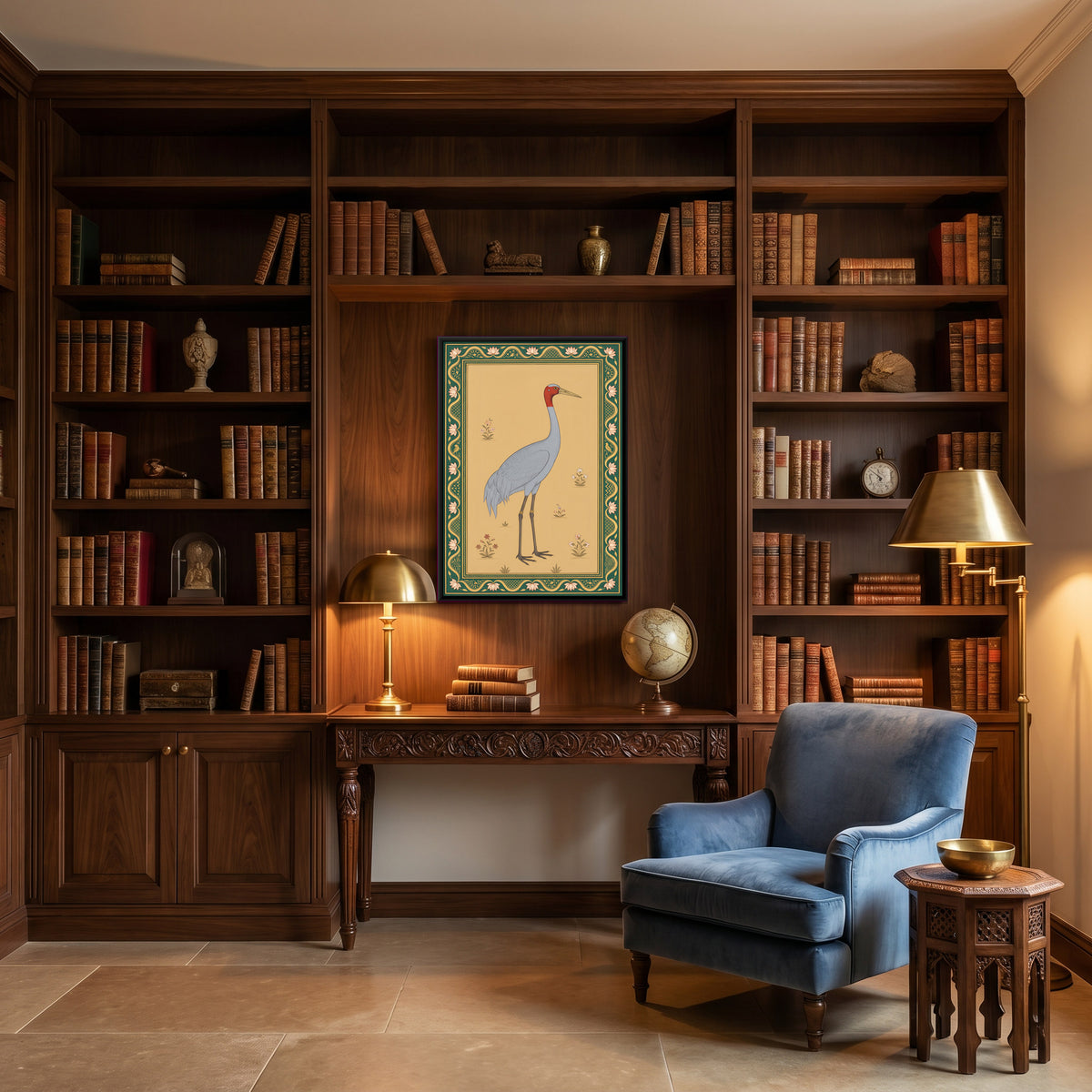 Sarus Crane - canvas art shown in a styled room