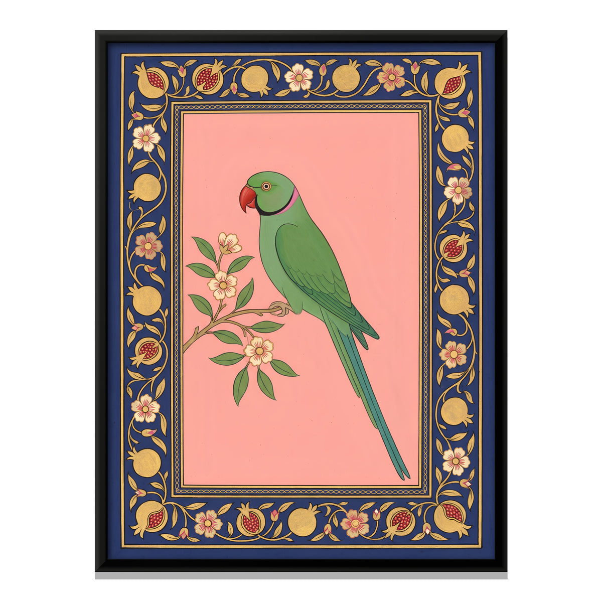 Parakeet on a Flowering Branch - framed canvas print, front view