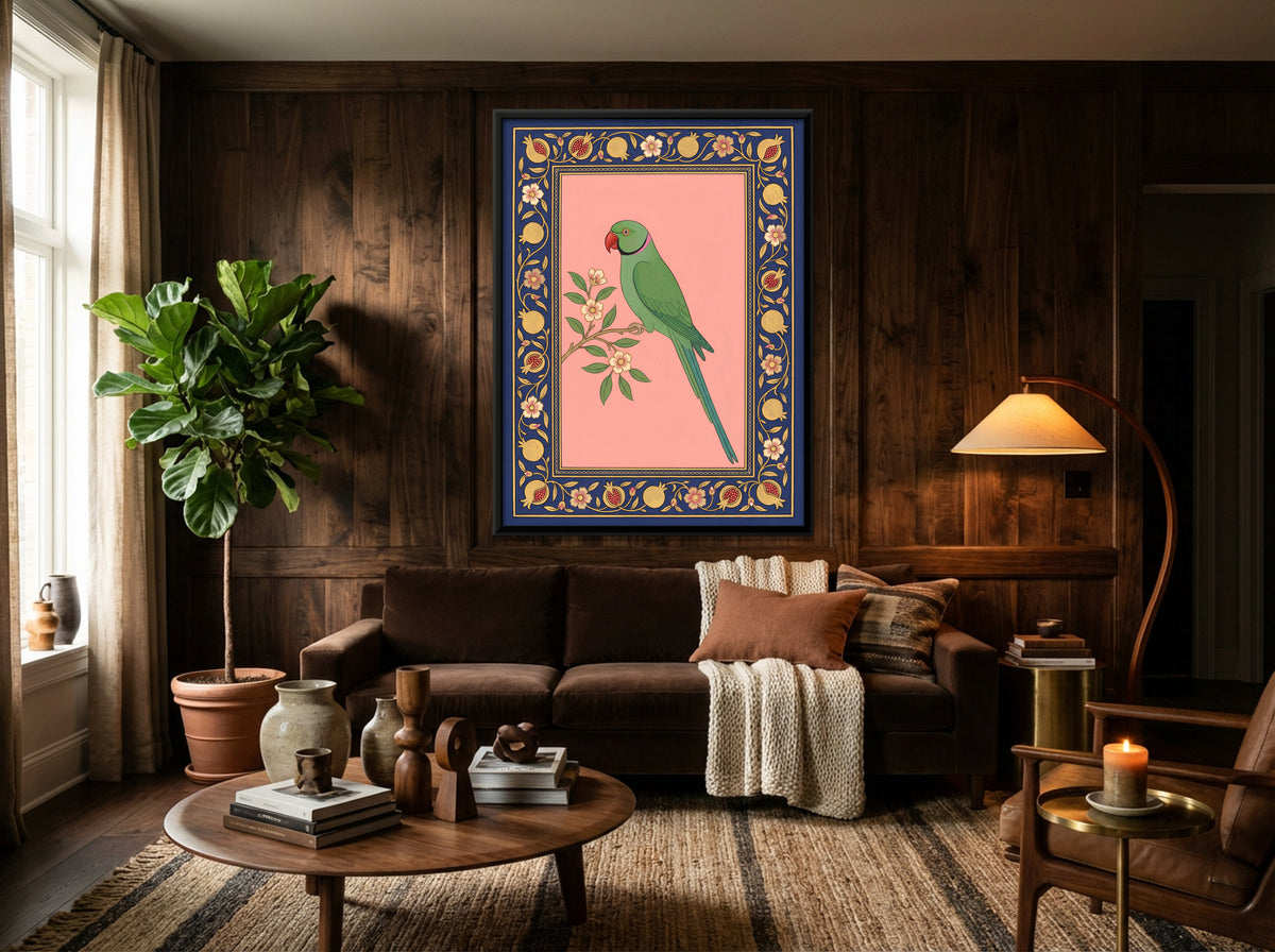 Parakeet on a Flowering Branch - canvas art shown in a styled room