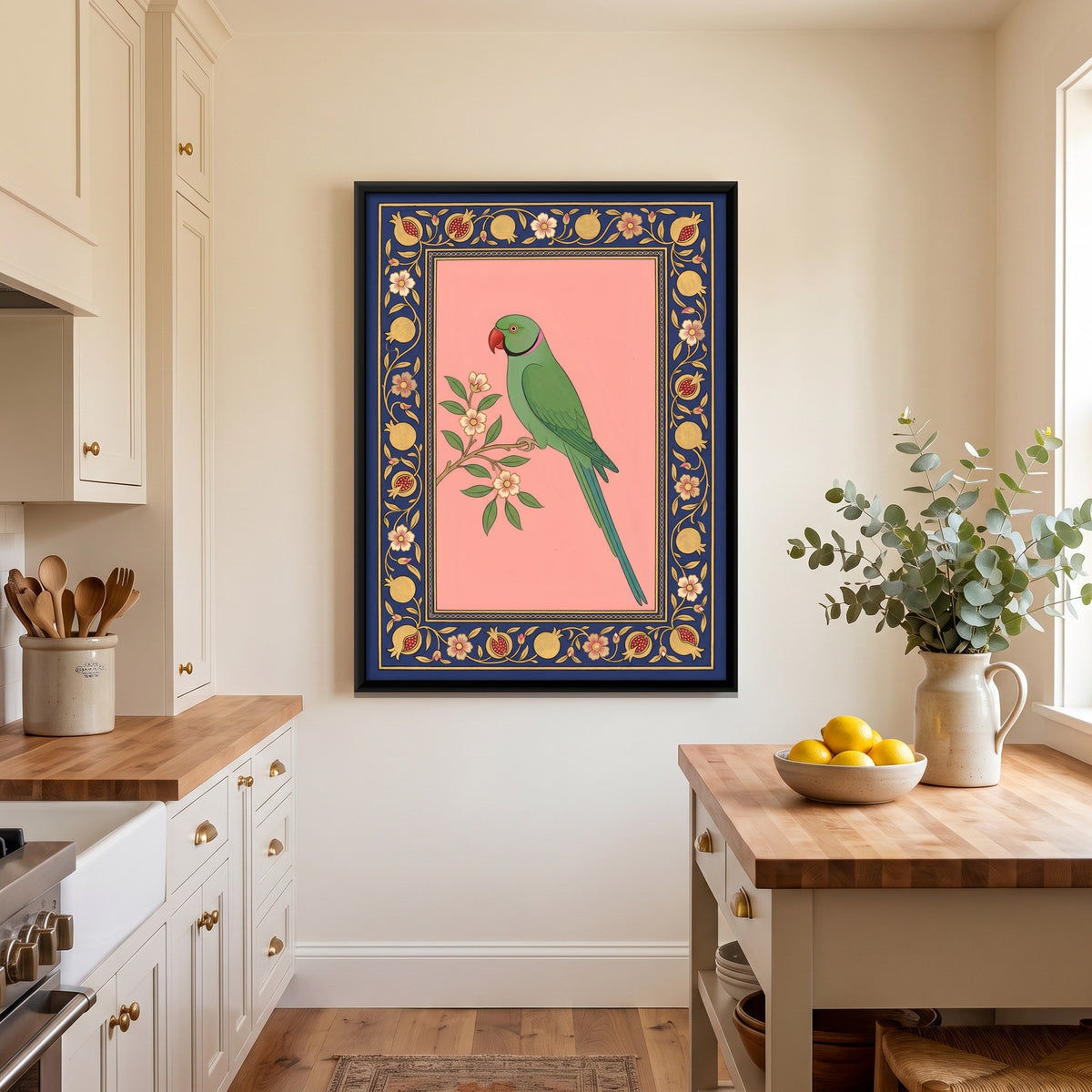Parakeet on a Flowering Branch - canvas art shown in a second room setting