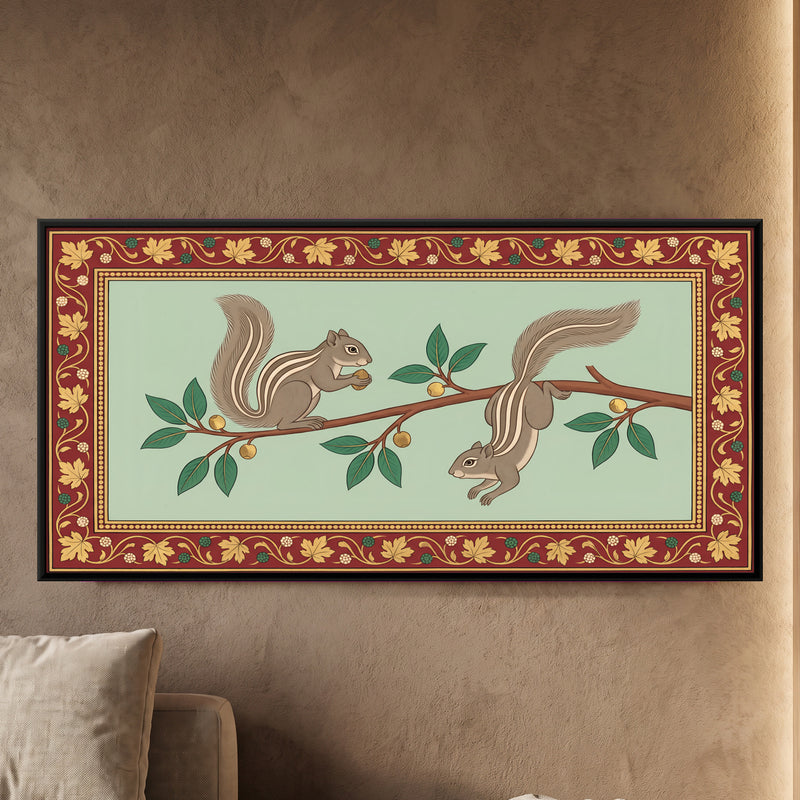 Two Squirrels on a Branch - framed canvas art hung on a wall