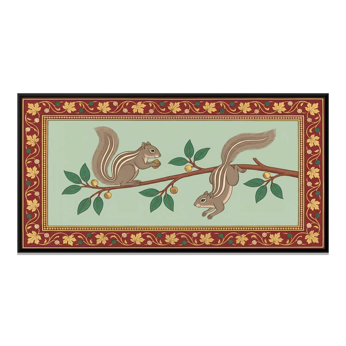 Two Squirrels on a Branch - framed canvas print, front view