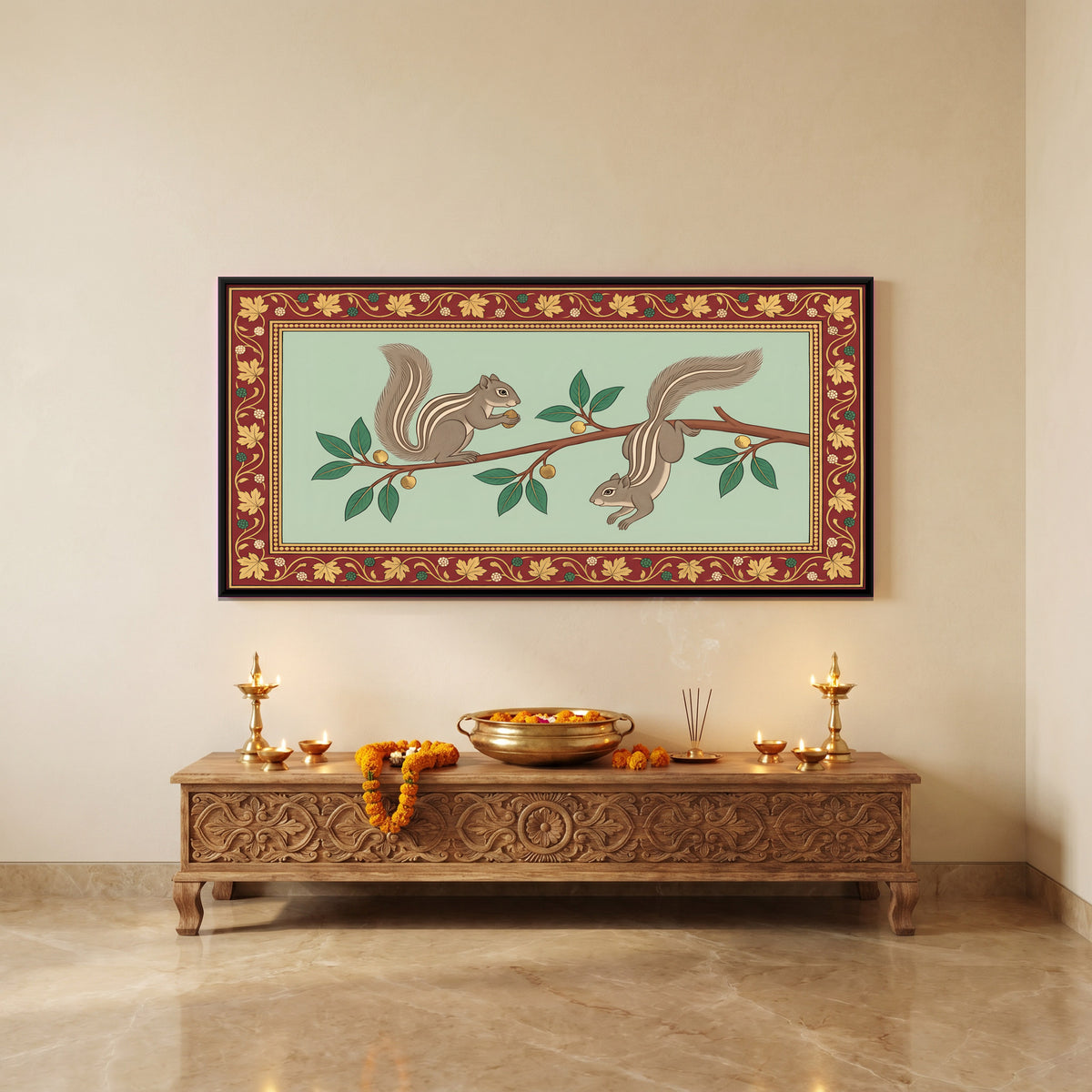 Two Squirrels on a Branch - canvas art shown in a styled room