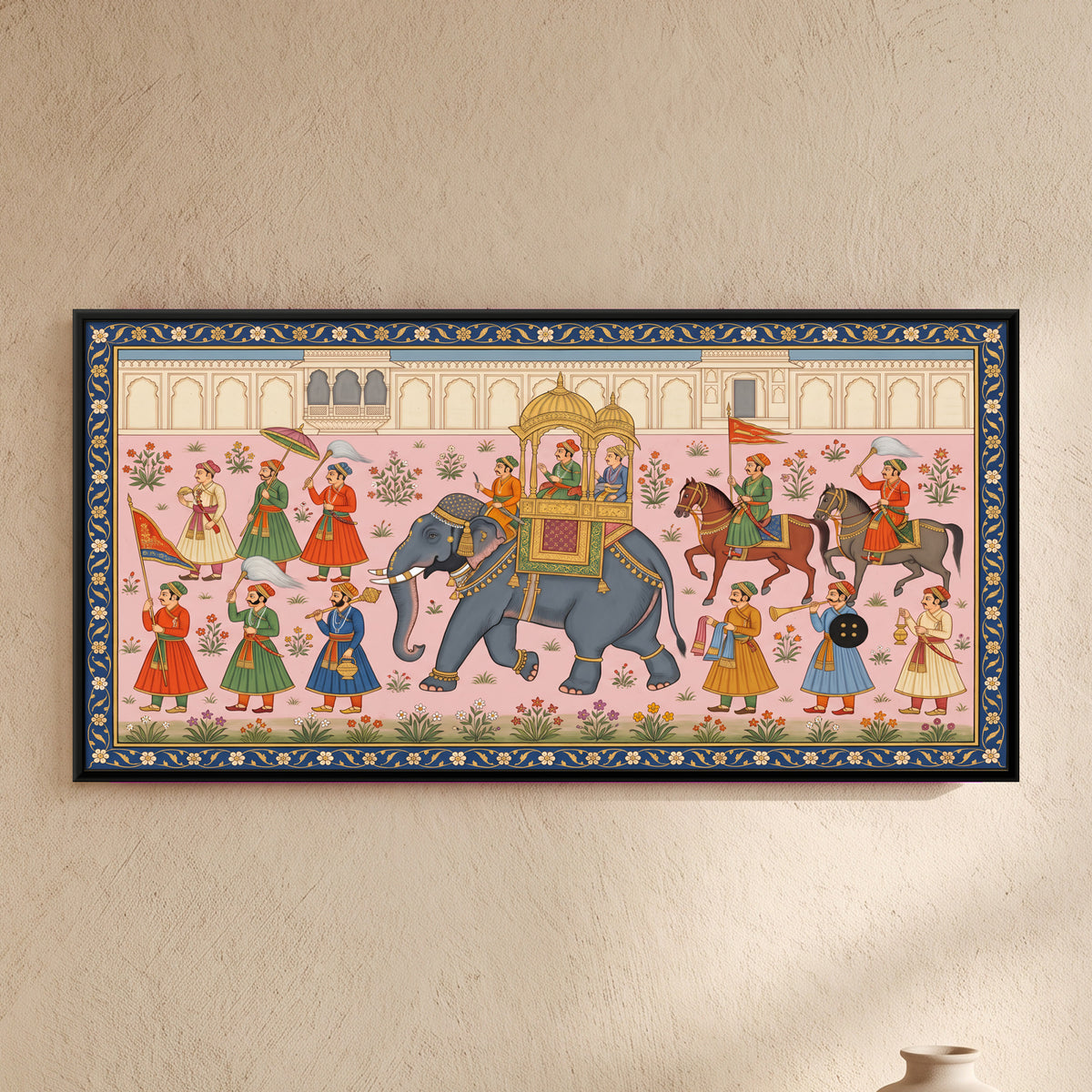 Royal Elephant Procession - framed canvas art hung on a wall