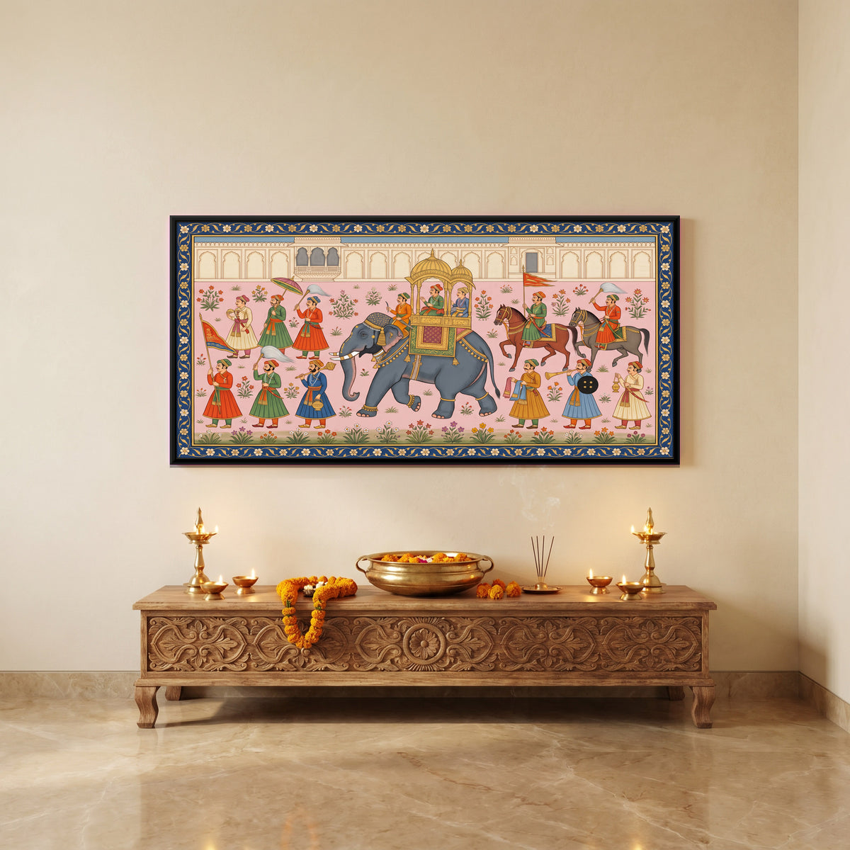 Royal Elephant Procession - canvas art shown in a styled room