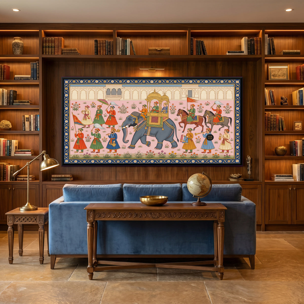 Royal Elephant Procession - canvas art shown in a second room setting