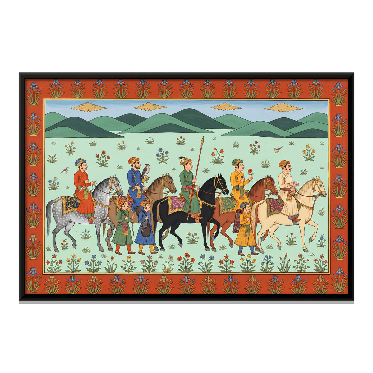 Noblemen Riding on Horseback - framed canvas print, front view